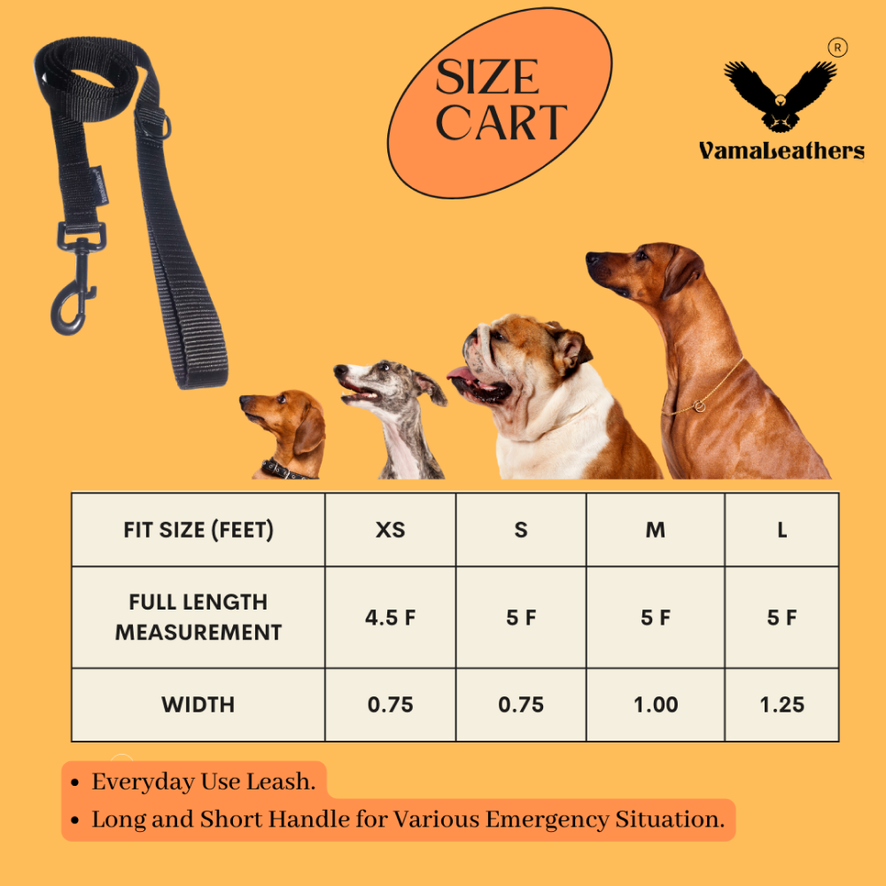 Vama Leathers Super Strong & Durable Nylon Leash for Dogs (Midnight Black)