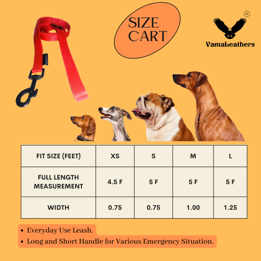 Vama Leathers Super Strong & Durable Nylon Leash for Dogs (Racing Red)