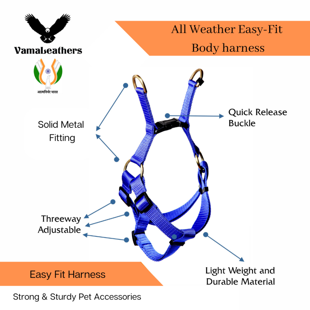 Vama Leathers Easy Fit Quick Wear Comfortable Body Harness for Dogs (Electric Blue)