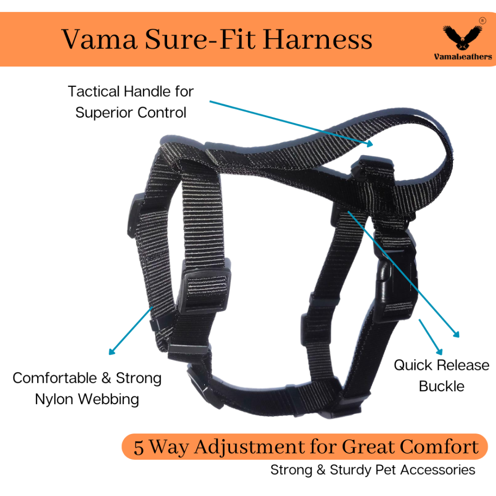 Vama Leathers Sure-Fit Soft & Strong Nylon Harness for Dogs (Midnight Black)