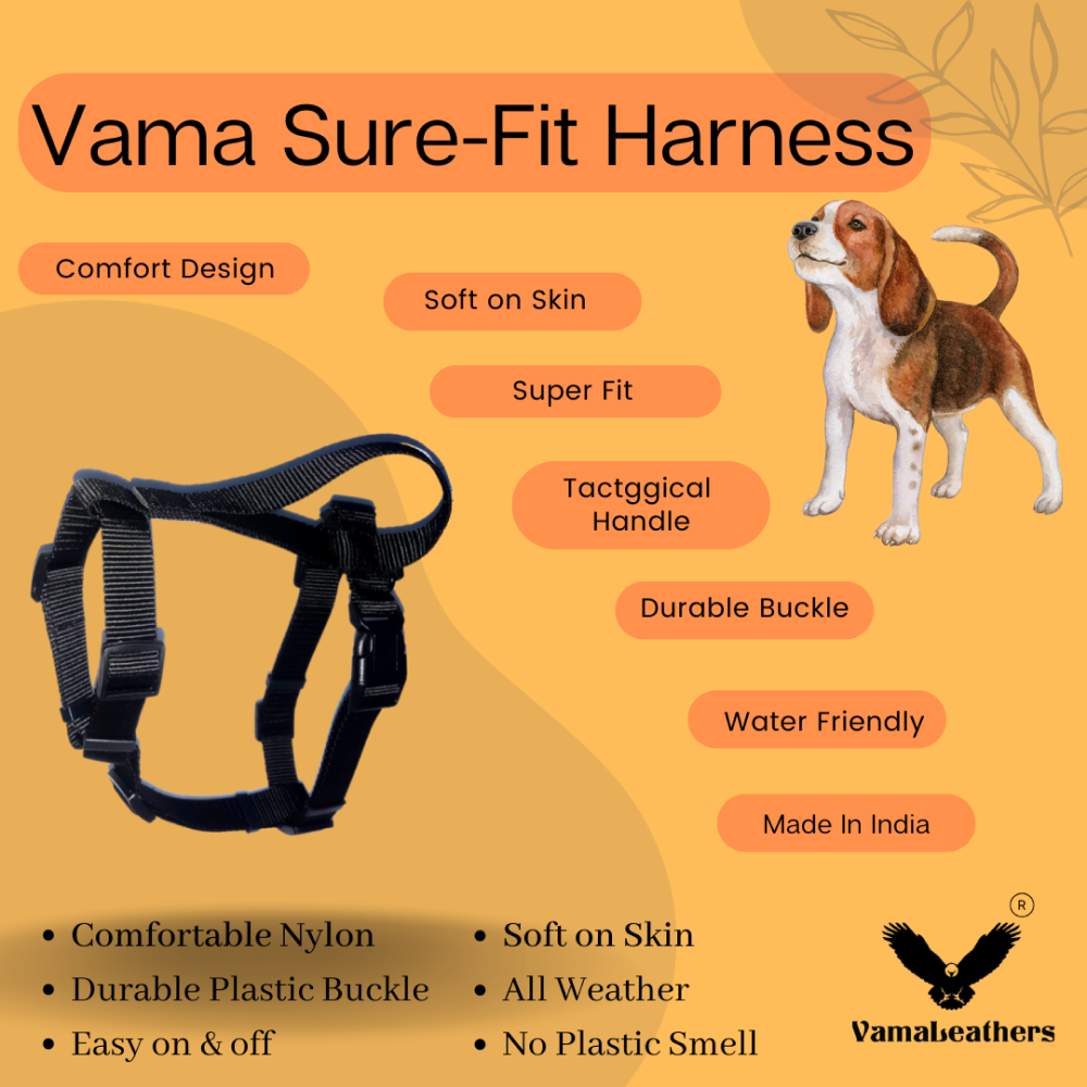 Vama Leathers Sure-Fit Soft & Strong Nylon Harness for Dogs (Midnight Black)