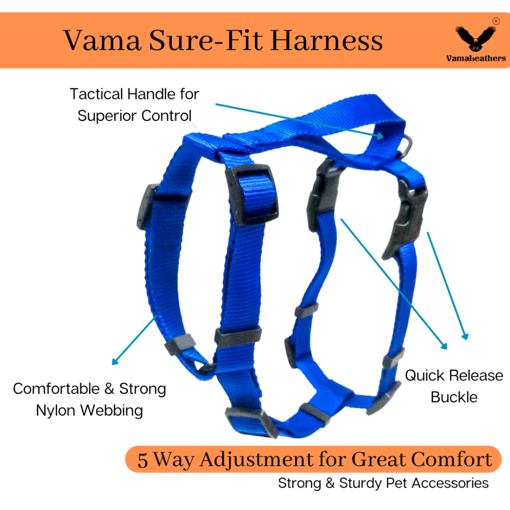 Vama Leathers Sure-Fit Soft & Strong Nylon Harness for Dogs (Cool Blue)