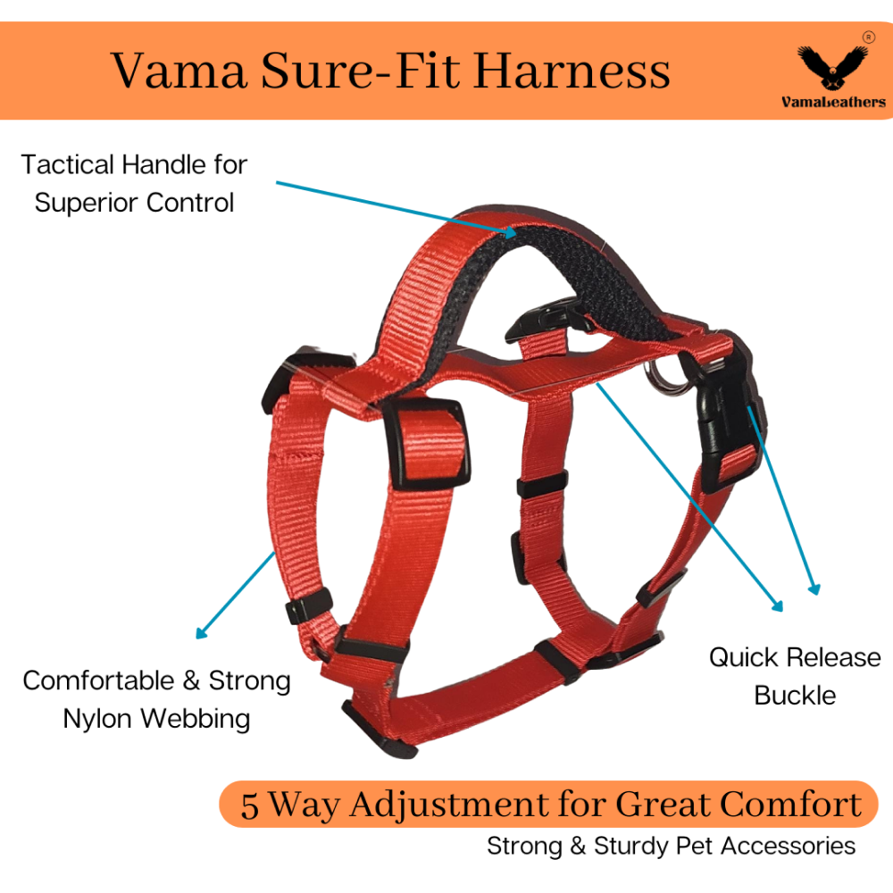 Vama Leathers Sure-Fit Soft & Strong Nylon Harness for Dogs (Racing Red)