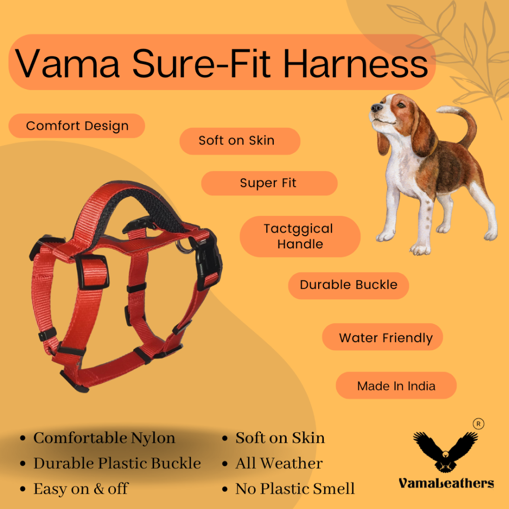 Vama Leathers Sure-Fit Soft & Strong Nylon Harness for Dogs (Racing Red)