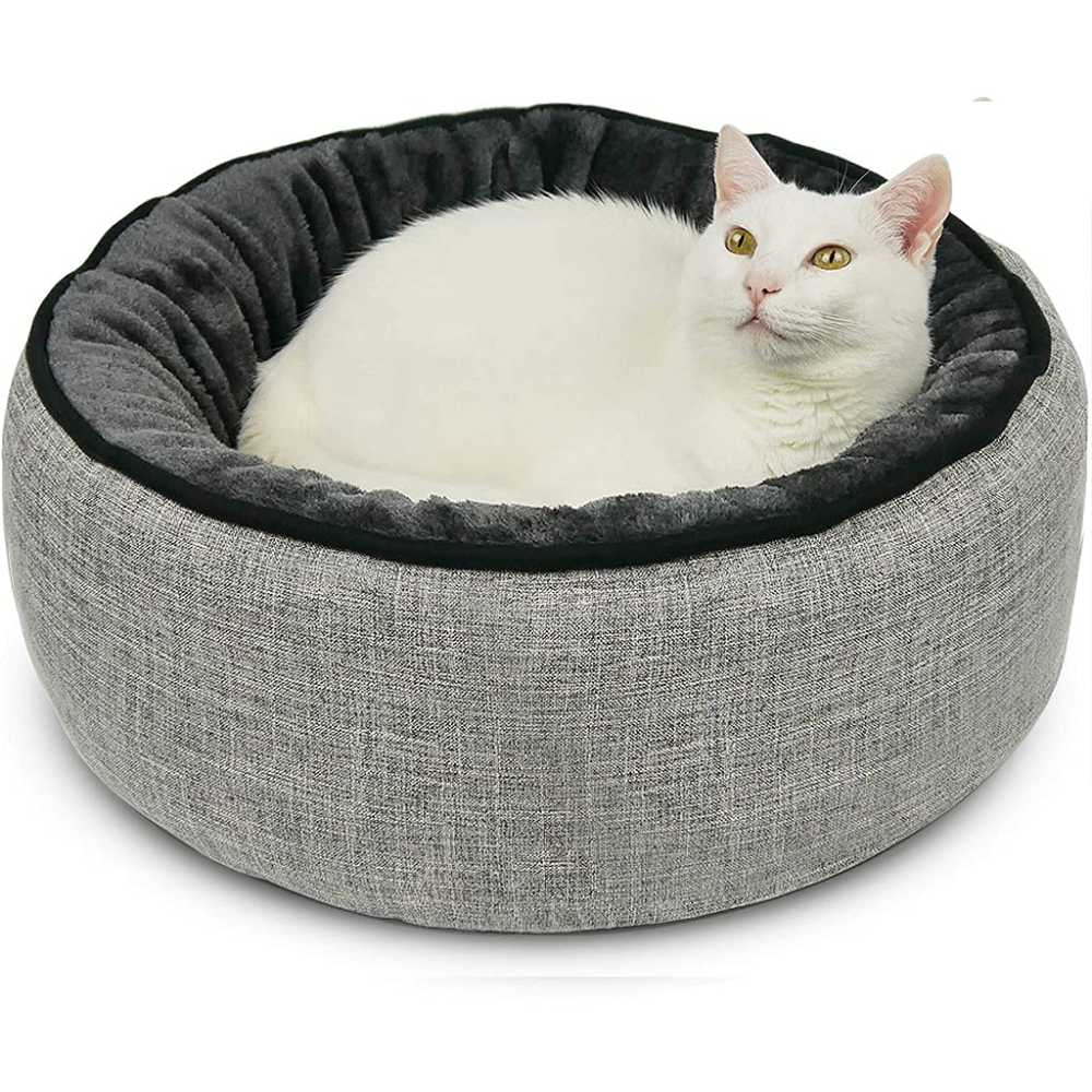 Hiputee Premium Durable Grey Jute Fur Fabric Round Shape Bed for Pets (Grey-Black)