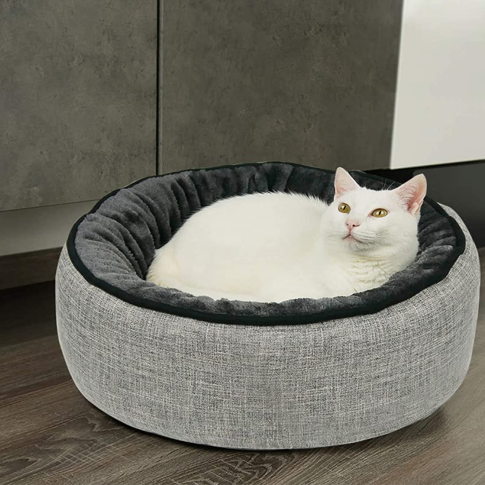 Hiputee Premium Durable Grey Jute Fur Fabric Round Shape Bed for Pets (Grey-Black)