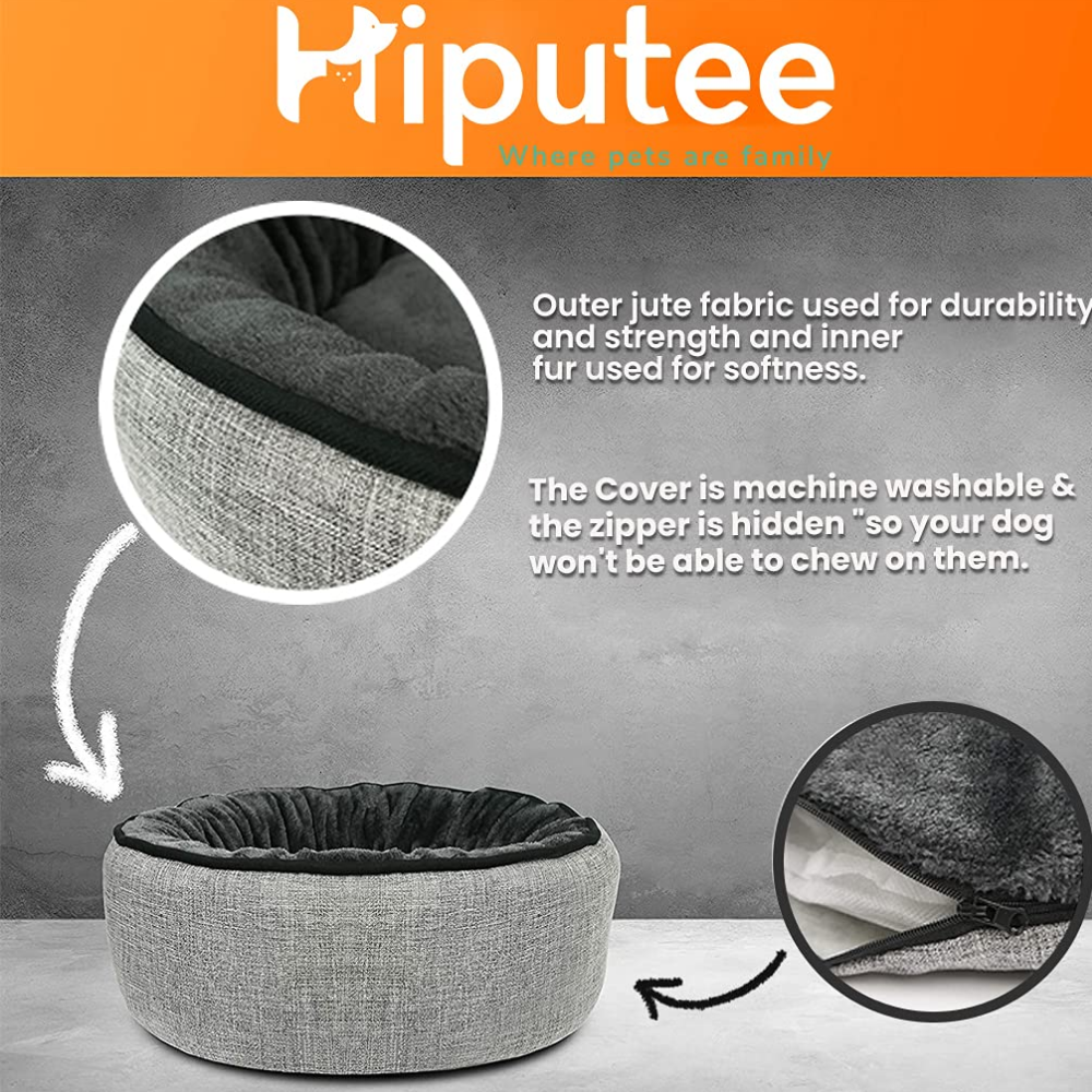 Hiputee Premium Durable Grey Jute Fur Fabric Round Shape Bed for Pets (Grey-Black)