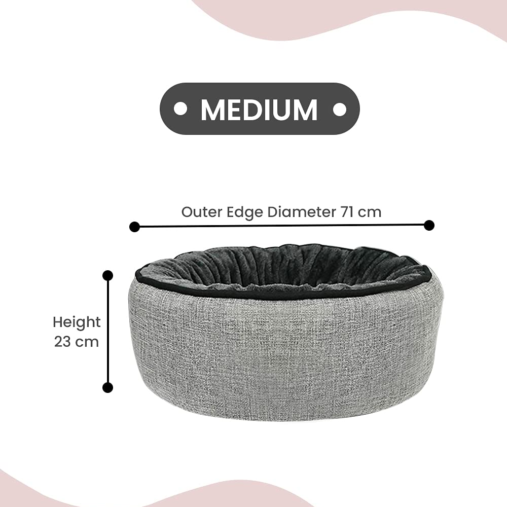 Hiputee Premium Durable Grey Jute Fur Fabric Round Shape Bed for Pets (Grey-Black)