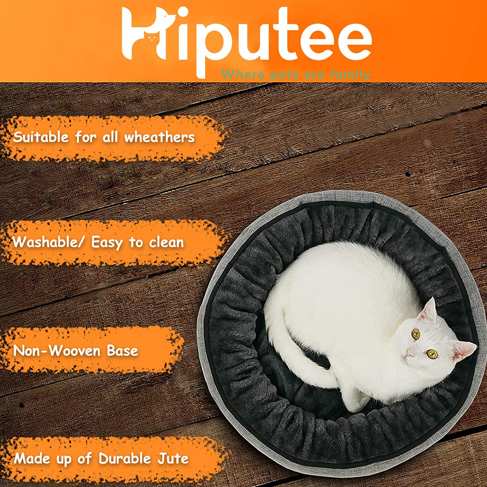 Hiputee Premium Durable Grey Jute Fur Fabric Round Shape Bed for Pets (Grey-Black)