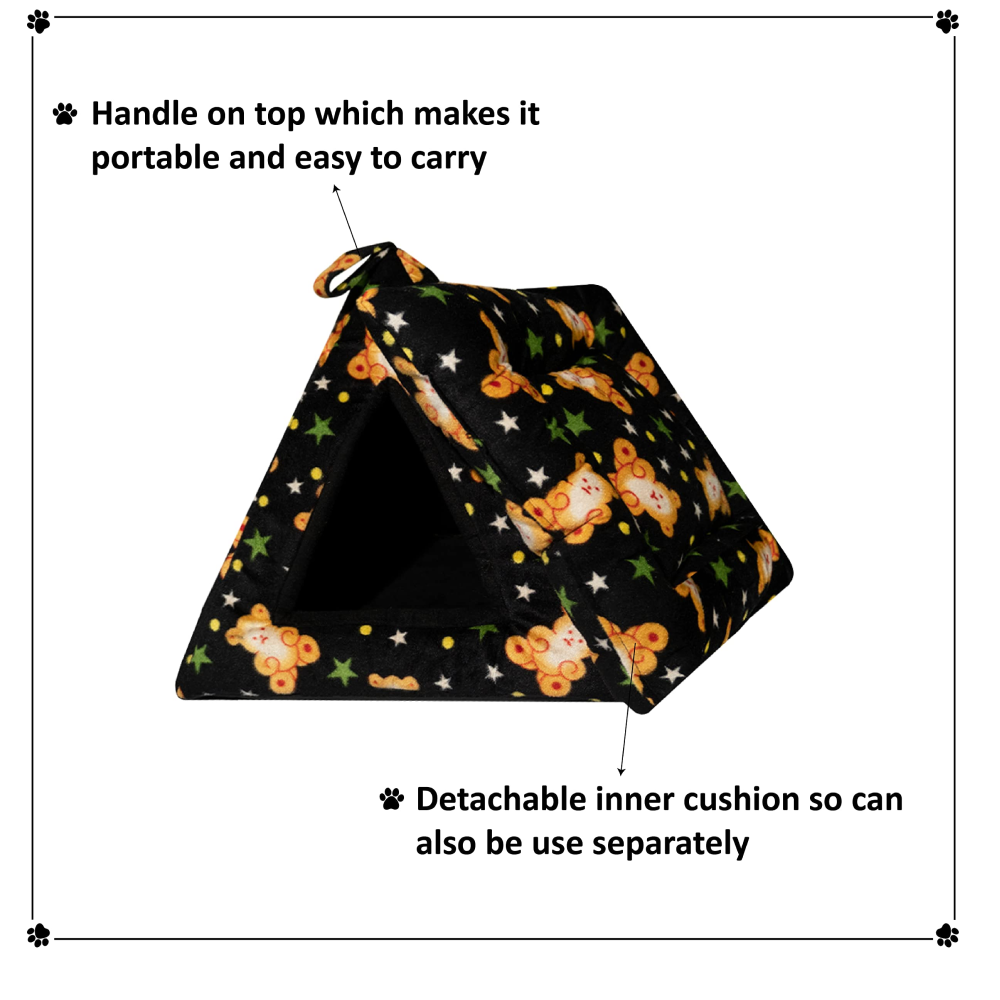 Hiputee Premium Tent Velvet Black Soft Hut Bed for Pets (Cartoon-Print)
