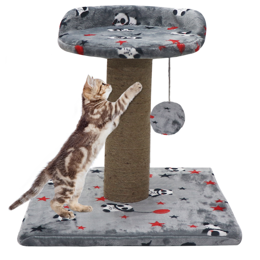 Hiputee Soft Cartoon Print Flannel Scratching Post Activity Tree with Sisal Rope for Cats (Grey)
