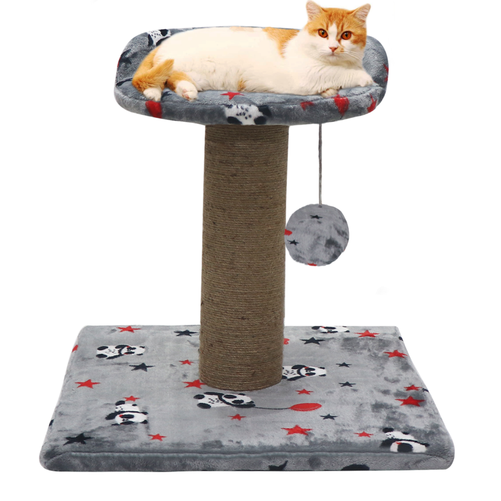 Hiputee Soft Cartoon Print Flannel Scratching Post Activity Tree with Sisal Rope for Cats (Grey)