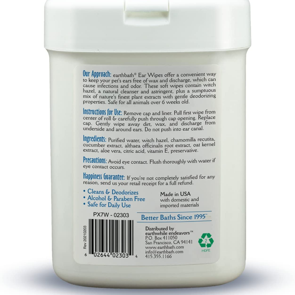 EarthBath Witch Hazel Fragrance Free Ear Wipes for Pets