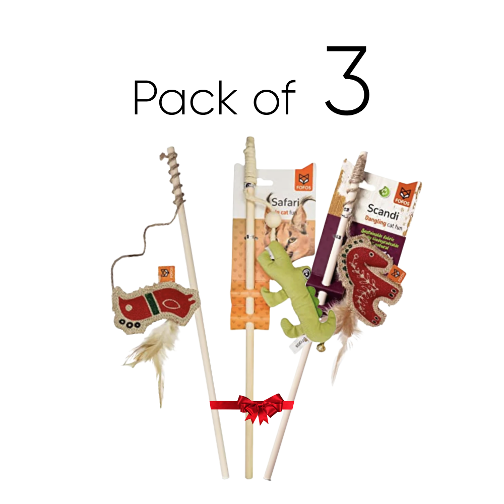 Barkbutler Fofos Scandi wooden stick Toy for Cats - Horse, Crocodile & Rooster (Pack of 3)