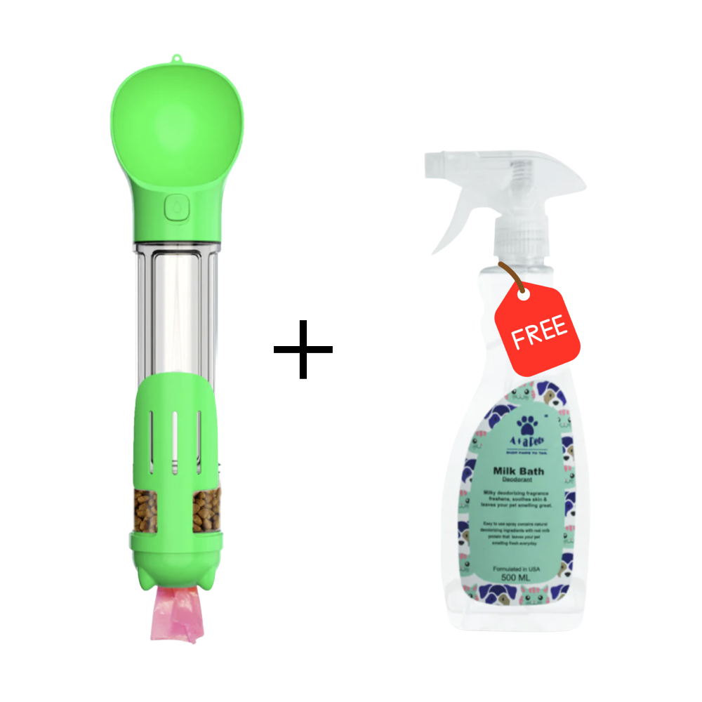 A Plus A Pets 4in1 Multi Functional Bottle with Water, Food, Poo Bags Storage & Poo Shovel for Dogs (Get Free Bath Deodorant)