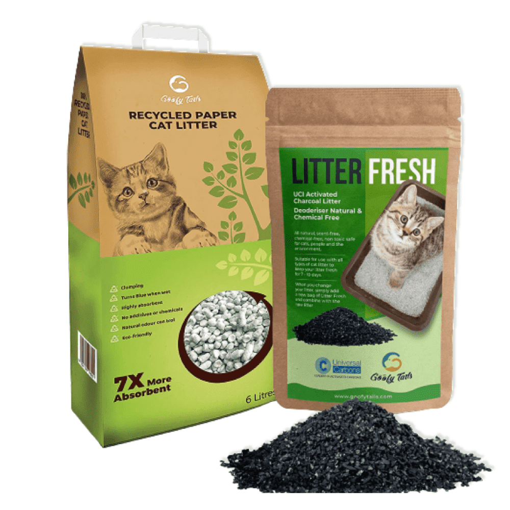 Goofy Tails Recycled Paper Clumping Litter with free Goofy Tails Litter Fresh Deoderiser for Cats