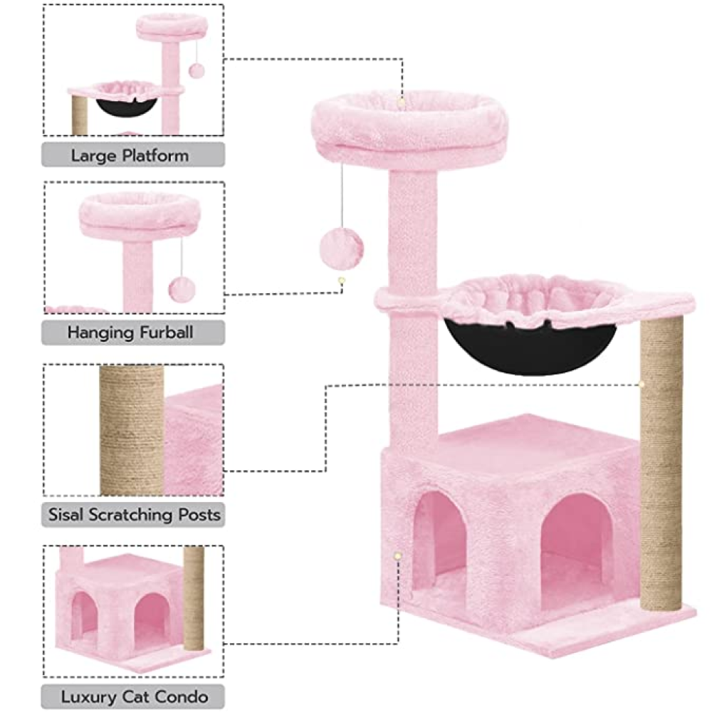Hiputee Soft Fur Condo, Natural Sisal Rope, Scratching Post, Dangling Toys, Hanging Hammock Tree for Cats (Pink)