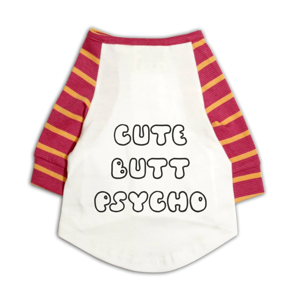 Ruse "Cute Butt Psycho" Striper Raglan Streetwear T-Shirt for Cats (White)