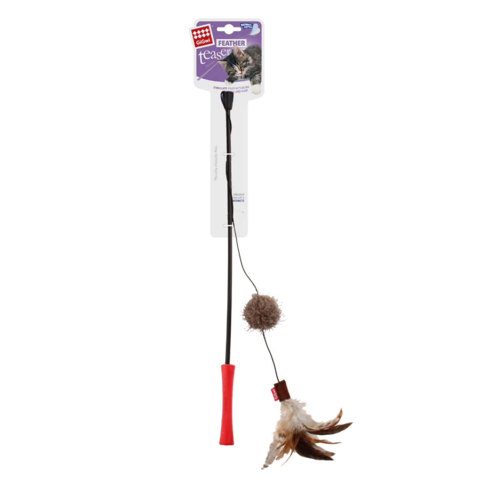 GiGwi Feather Teaser Cat wand with Natural feather Plush tail & TPR Handle for Cats (Red/Natural)