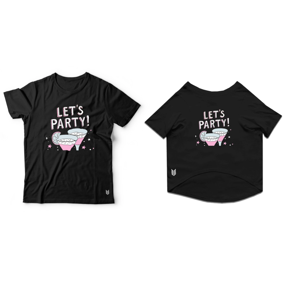 Ruse "Lets Party" Printed Half Sleeves T-Shirt Combos for Cats and Humans (Black)