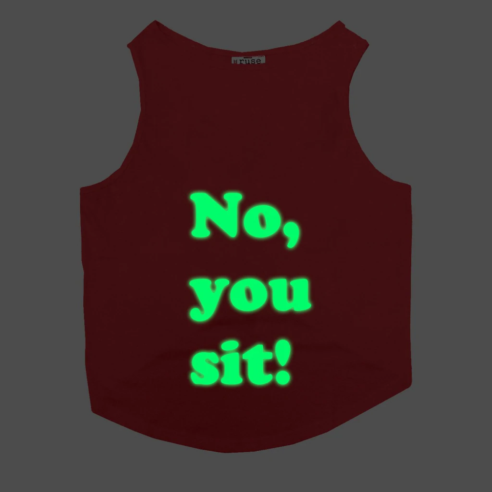 Ruse "No, you sit!" Printed Glow in the dark T-Shirt for Dogs (Poppy Red)