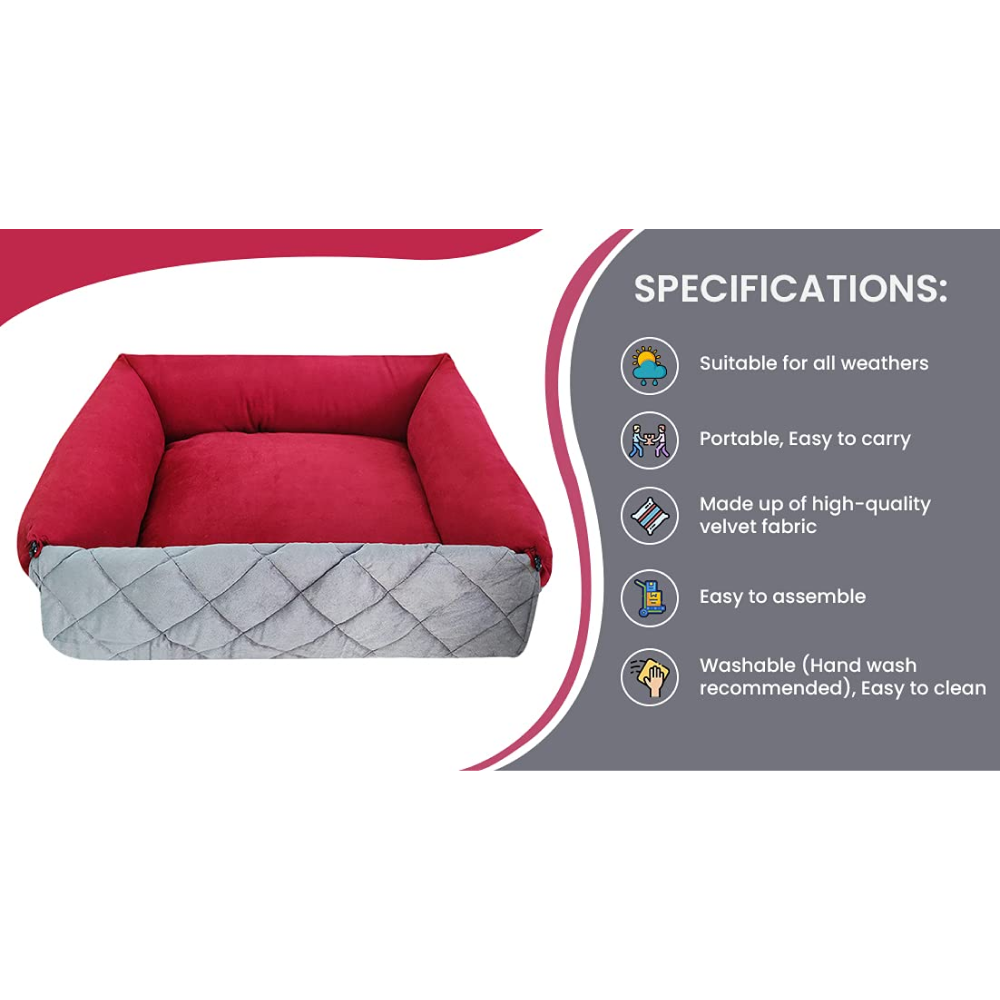 Hiputee Premium Washable Soft Velvet Bed with Foldable Blanket for Pets (Red-Grey)