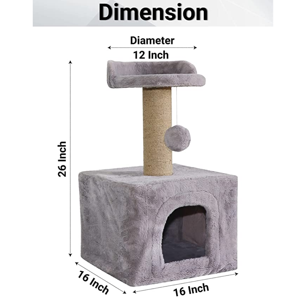 Hiputee Soft Fur Condo, Natural Sisal Rope, Scratching Post, Hanging Ball Tree for Cats (Grey)