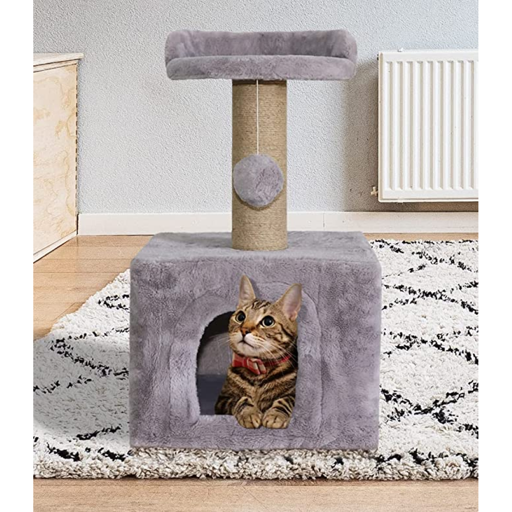 Hiputee Soft Fur Condo, Natural Sisal Rope, Scratching Post, Hanging Ball Tree for Cats (Grey)