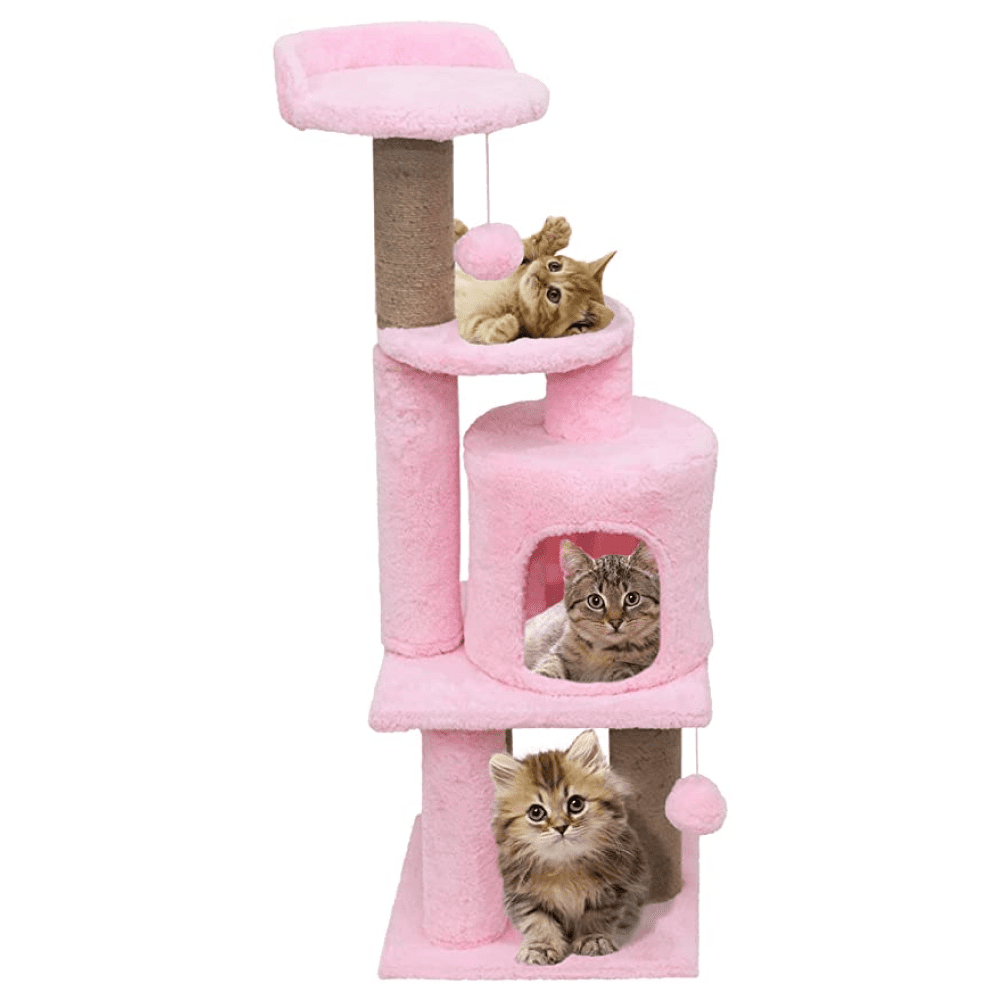 Hiputee Soft Fur Activity Scratching Post, Natural Sisal Rope Triple Platform Tower Tree for Cats (Pink)