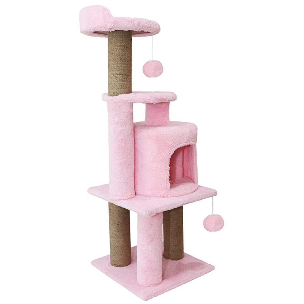 Hiputee Soft Fur Activity Scratching Post, Natural Sisal Rope Triple Platform Tower Tree for Cats (Pink)