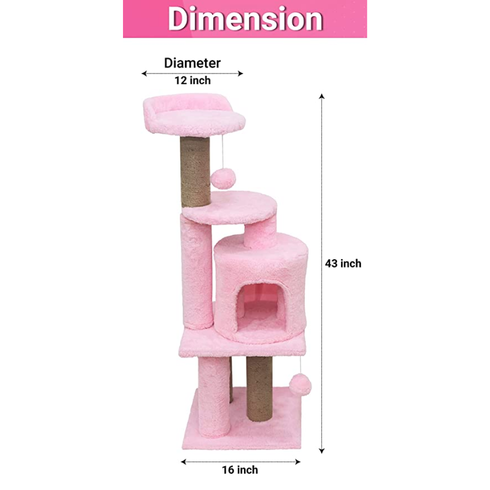Hiputee Soft Fur Activity Scratching Post, Natural Sisal Rope Triple Platform Tower Tree for Cats (Pink)