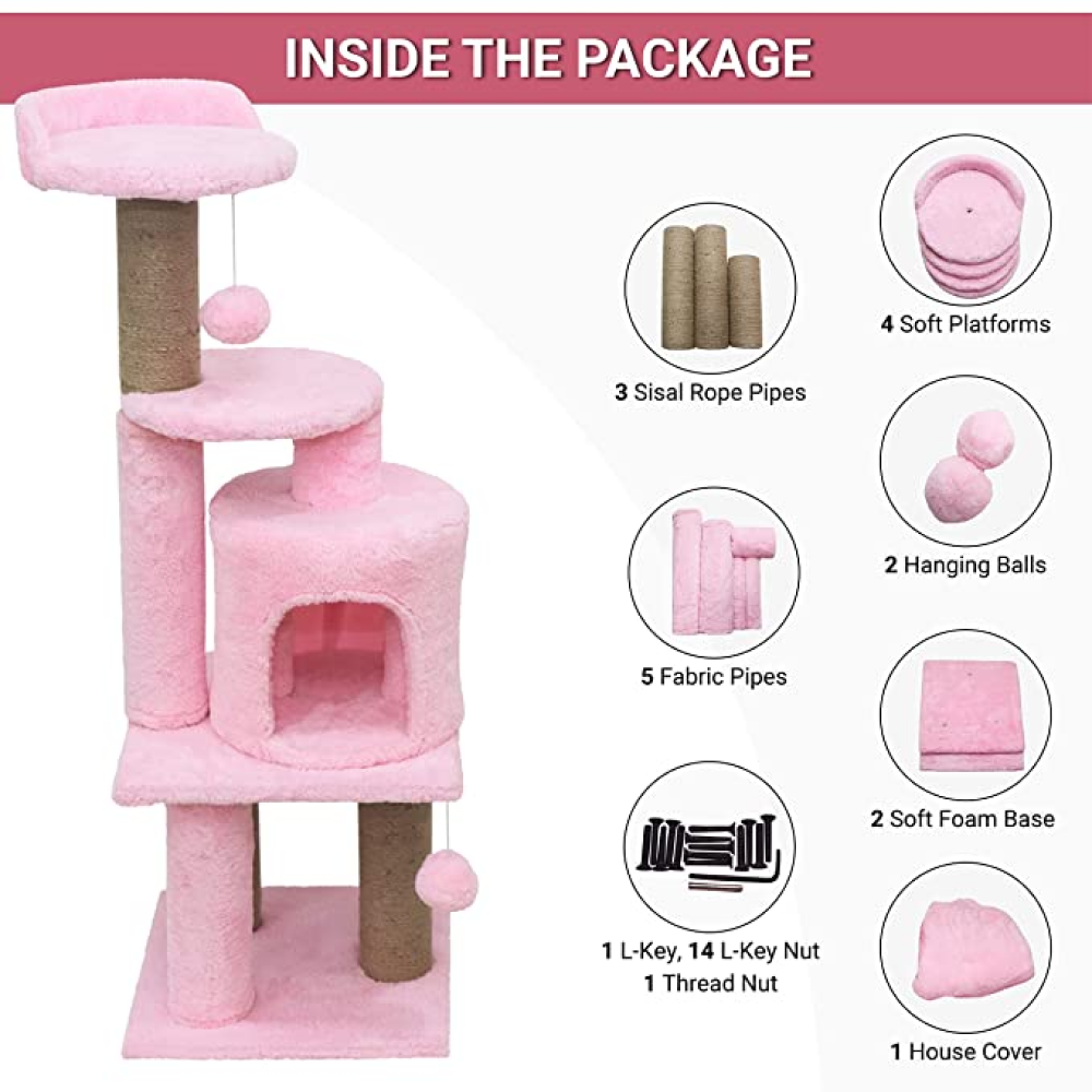 Hiputee Soft Fur Activity Scratching Post, Natural Sisal Rope Triple Platform Tower Tree for Cats (Pink)