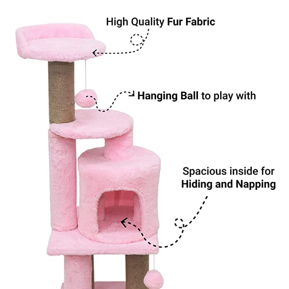 Hiputee Soft Fur Activity Scratching Post, Natural Sisal Rope Triple Platform Tower Tree for Cats (Pink)