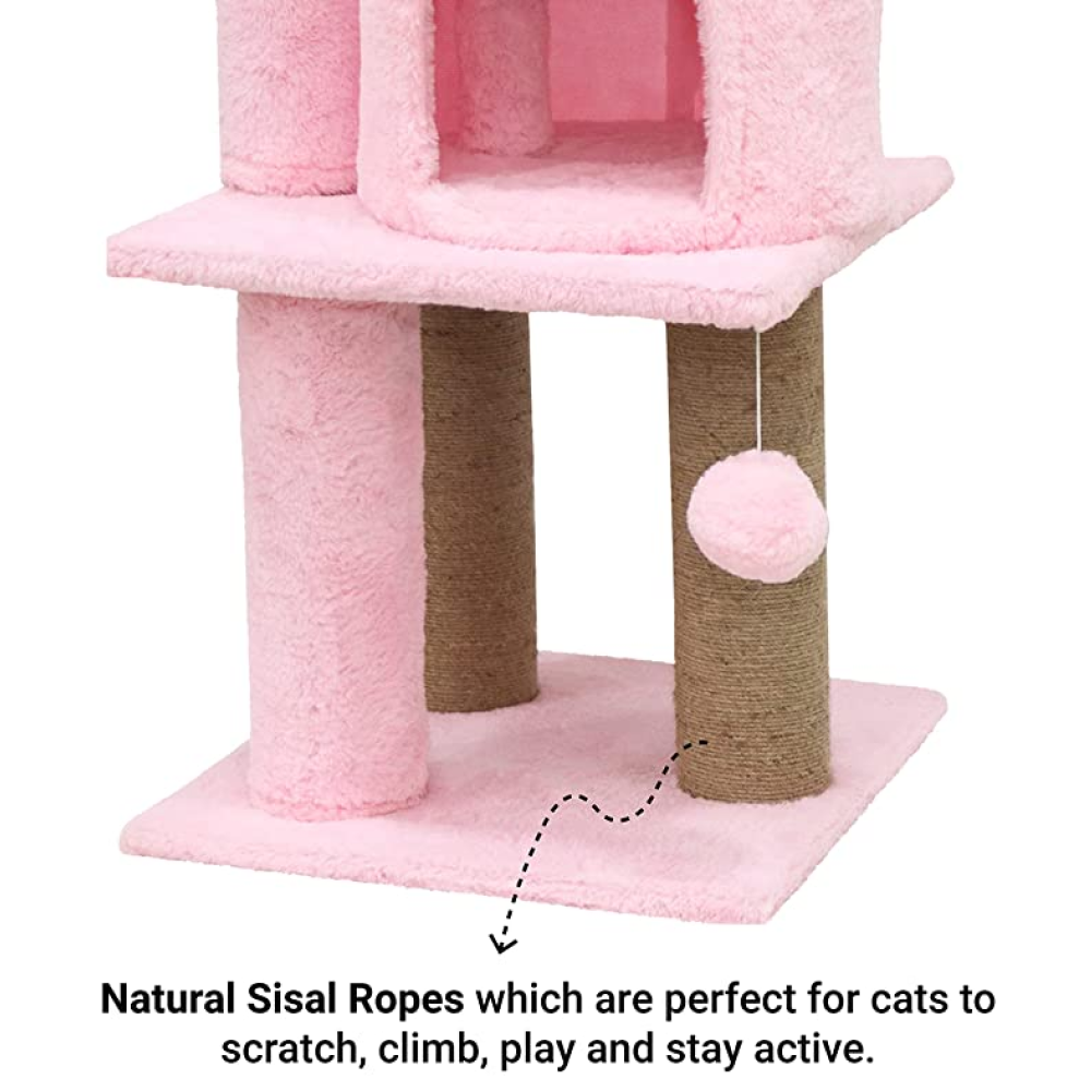 Hiputee Soft Fur Activity Scratching Post, Natural Sisal Rope Triple Platform Tower Tree for Cats (Pink)