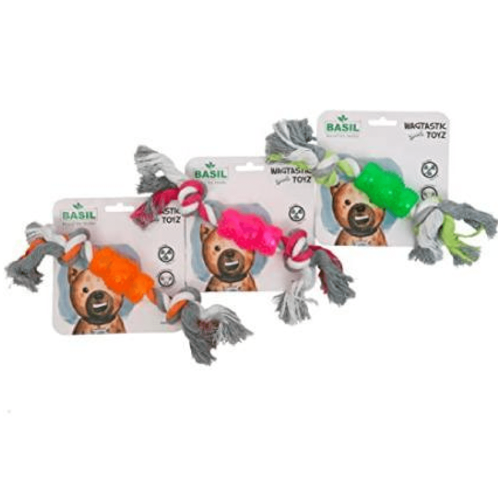 Basil Cotton Rope Rubber Chew Toy with Hard TPR Centre for Dogs (Assorted)