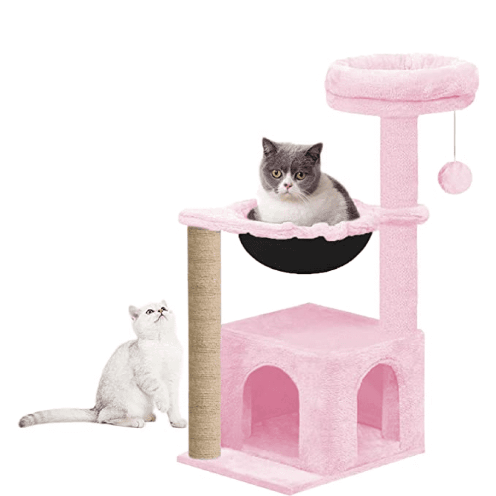 Hiputee Soft Fur Condo, Natural Sisal Rope, Scratching Post, Dangling Toys, Hanging Hammock Tree for Cats (Pink)