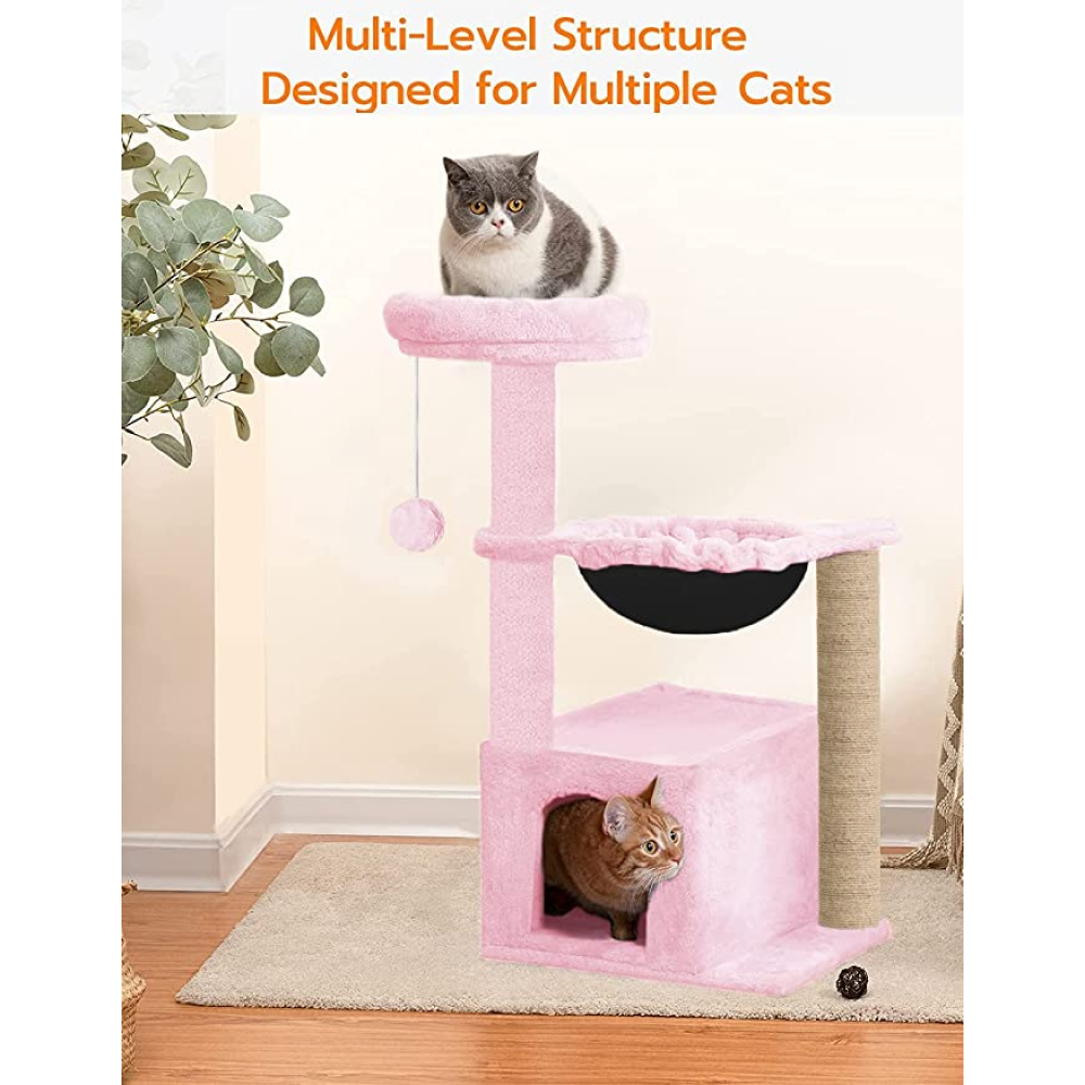 Hiputee Soft Fur Condo, Natural Sisal Rope, Scratching Post, Dangling Toys, Hanging Hammock Tree for Cats (Pink)