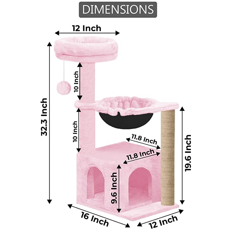 Hiputee Soft Fur Condo, Natural Sisal Rope, Scratching Post, Dangling Toys, Hanging Hammock Tree for Cats (Pink)