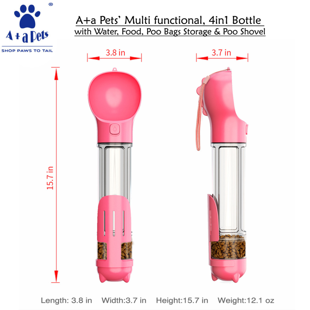 A Plus A Pets 4in1 Multi Functional Bottle with Water, Food, Poo Bags Storage & Poo Shovel for Dogs (Get Free Bath Deodorant)