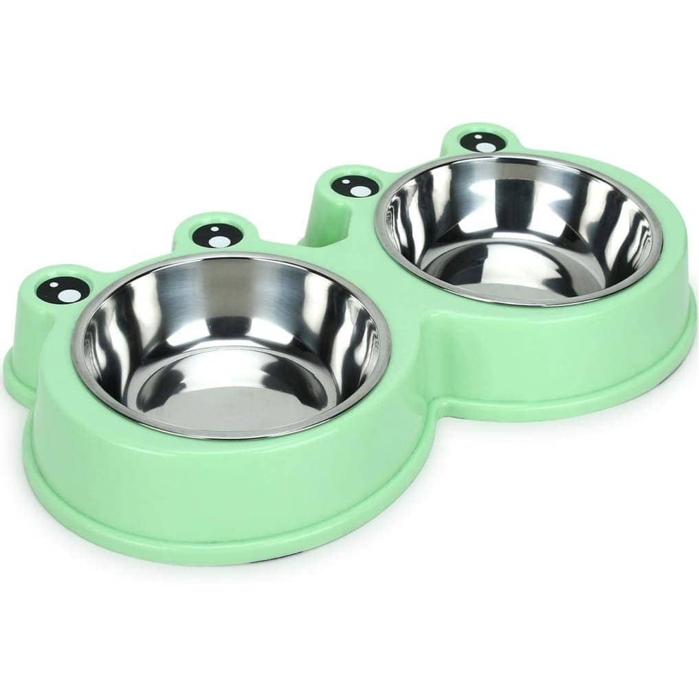 Emily Pets Stainless Steel Double Feeder Set Bowl for Pets (Green)