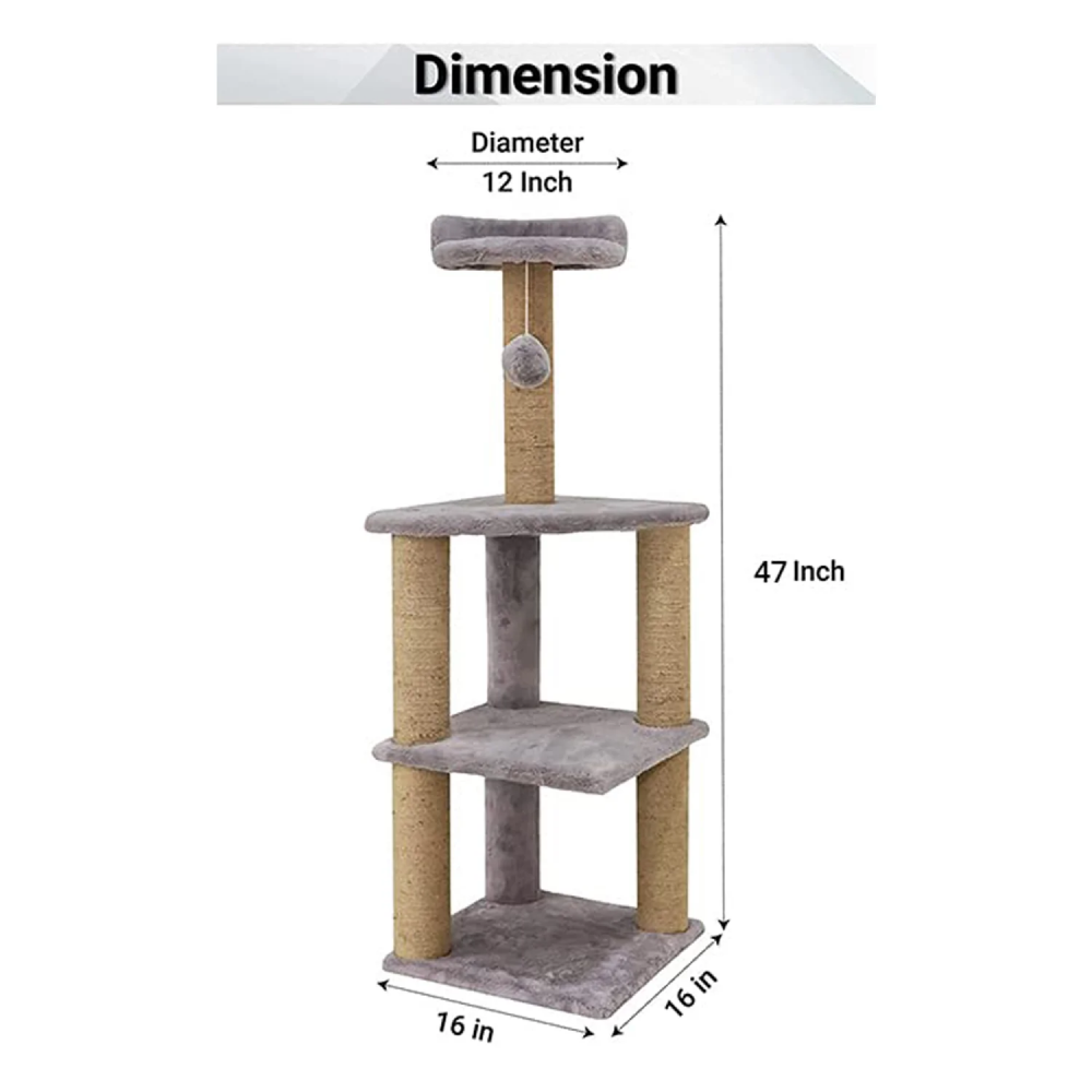 Hiputee Soft Fur Activity - Scratching Post, Natural Sisal Rope, Three Floor Tower, Hanging Ball Tree for Cats (Grey)