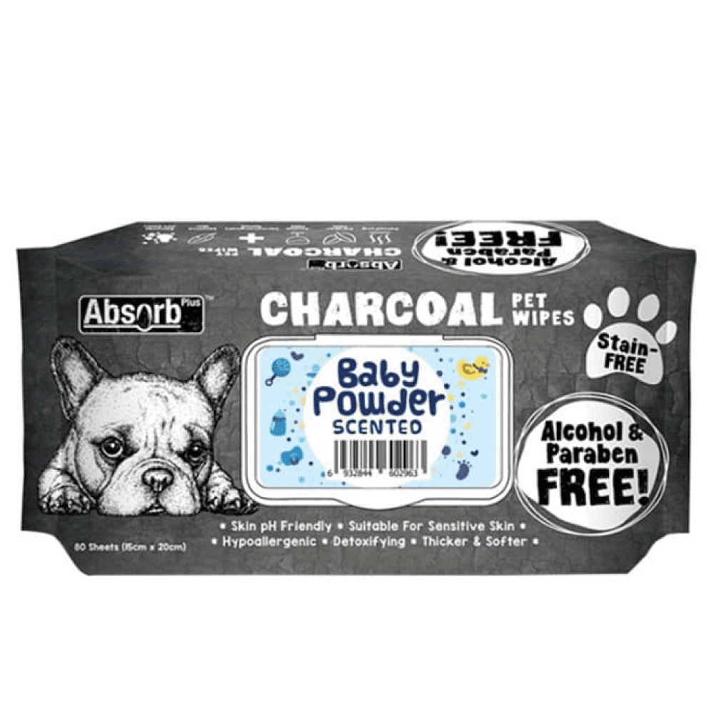 Absolute Pet Absorb Plus Baby Powder Scented Charcoal Wipes for Pets (15x20cm)