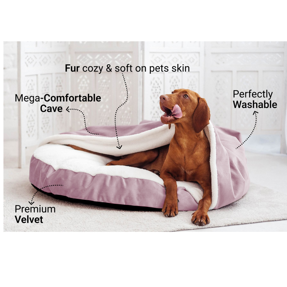 Hiputee Luxurious Velvet Sherpa Fabric Round Cave Bed for Pets (Peach-White)