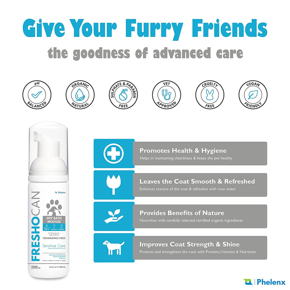 Phelenx Freshocan Sensitive Care Dry Bath Mousse for Dogs