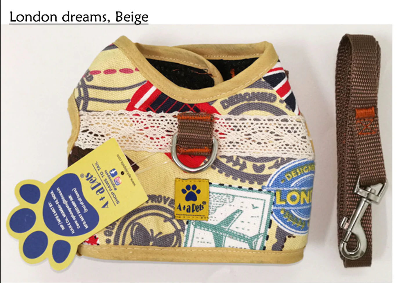 A Plus A Pets Retro Vest Style Harness & Leash Set For Pets (London Beige)
