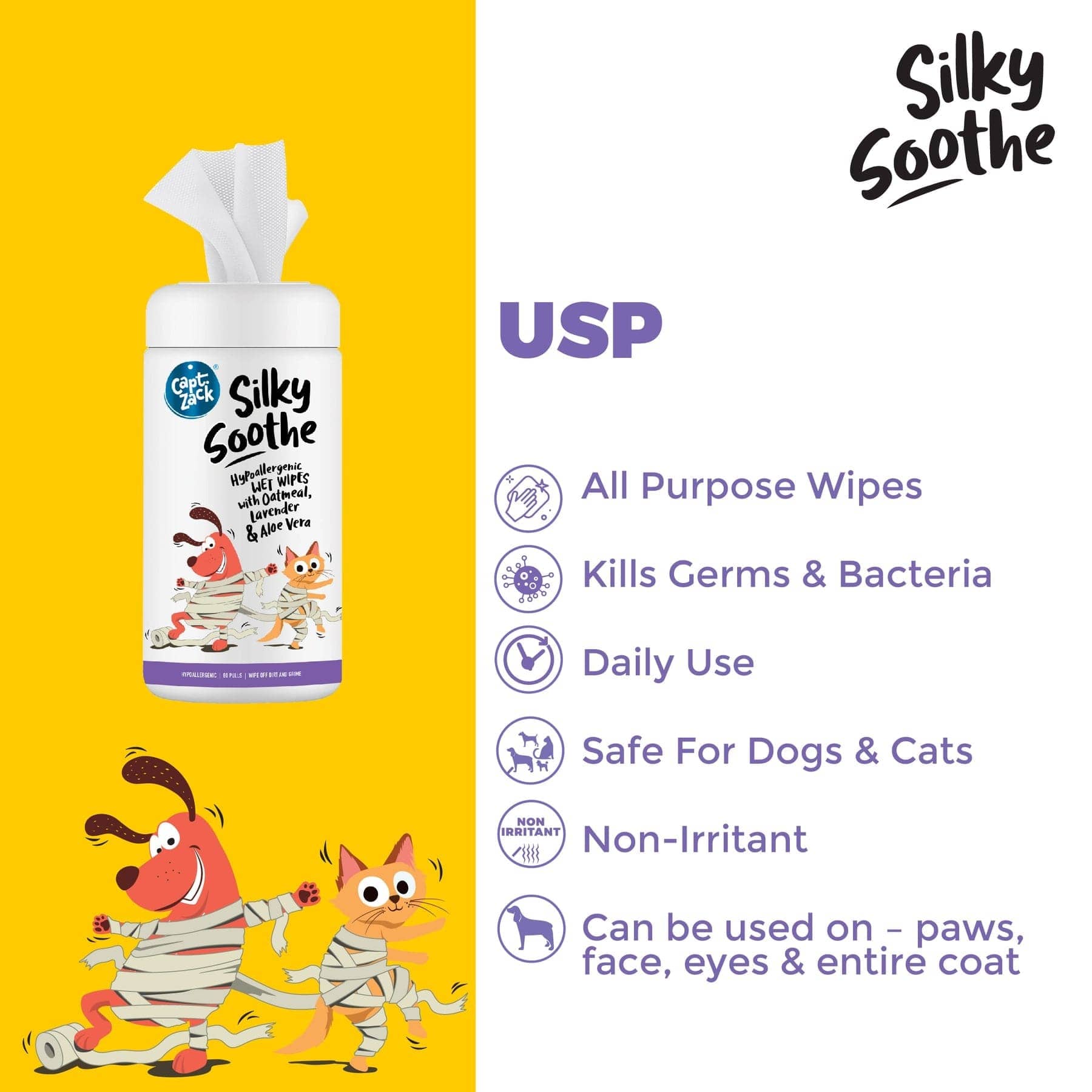 Captain Zack Silky Soothe Hypoallergenic Wipes for Pets
