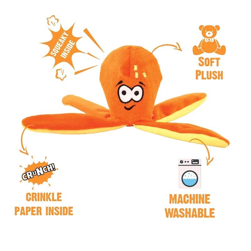 Goofy Tails Octopus Unstuffed Crinkle with Squeaky Plush Toy for Dogs