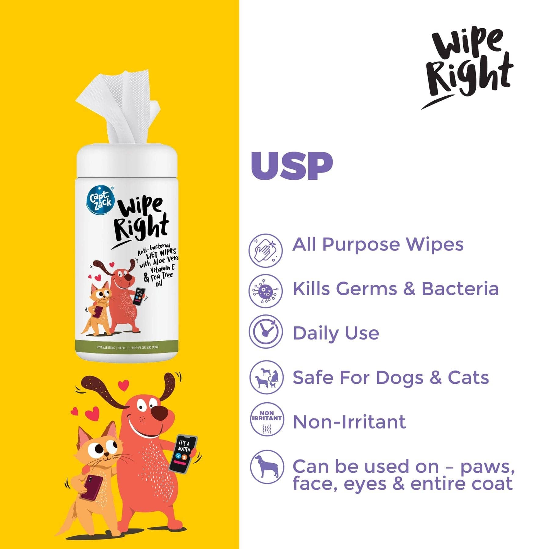 Captain Zack Wipe Right Anti- Bacterial Pet Wipes for Dogs