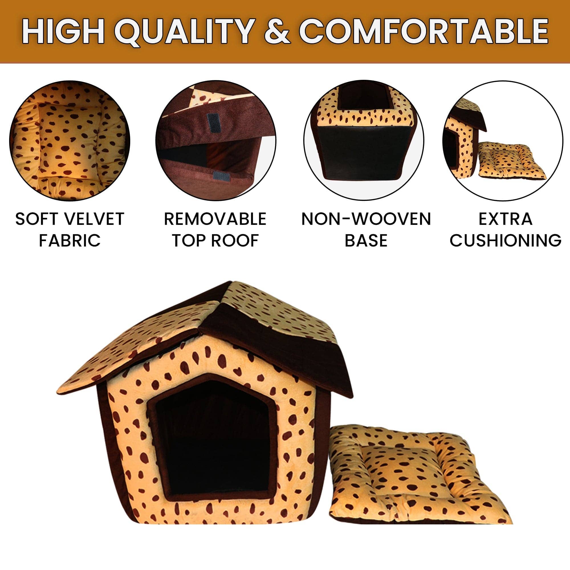 Hiputee Foldable Dotted Velvet Fabric Hut for Pets (Beige-Brown)