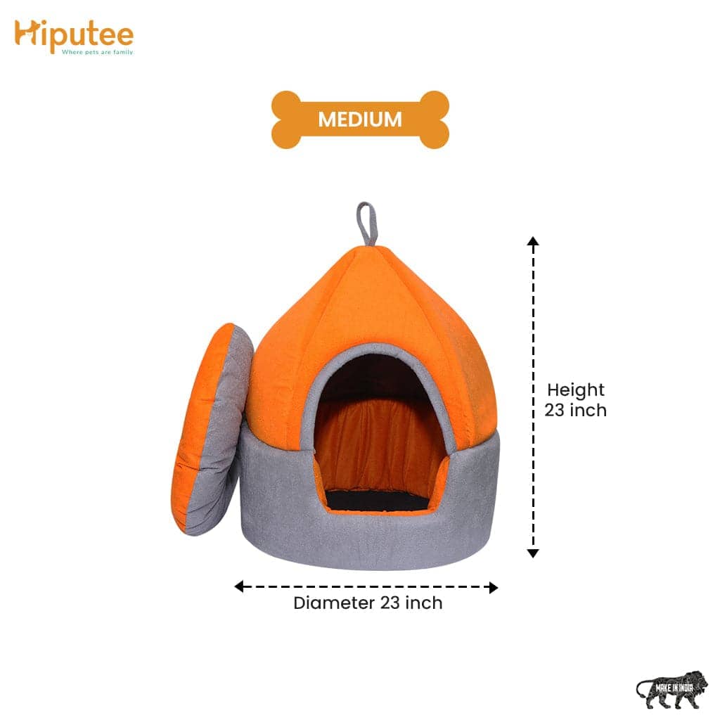 Hiputee Luxurious Temple Style Soft Velvet Fabric Dual Color Hut for Pets (Orange-Grey)